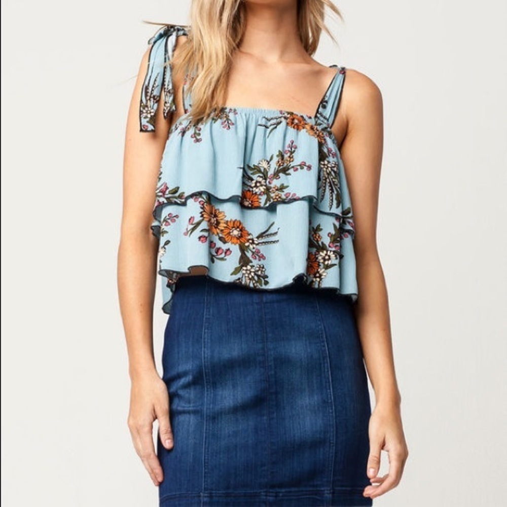Sky & Sparrow Floral Ruffle Tie Strap Tank | Boho Summer Crop Top Sz S